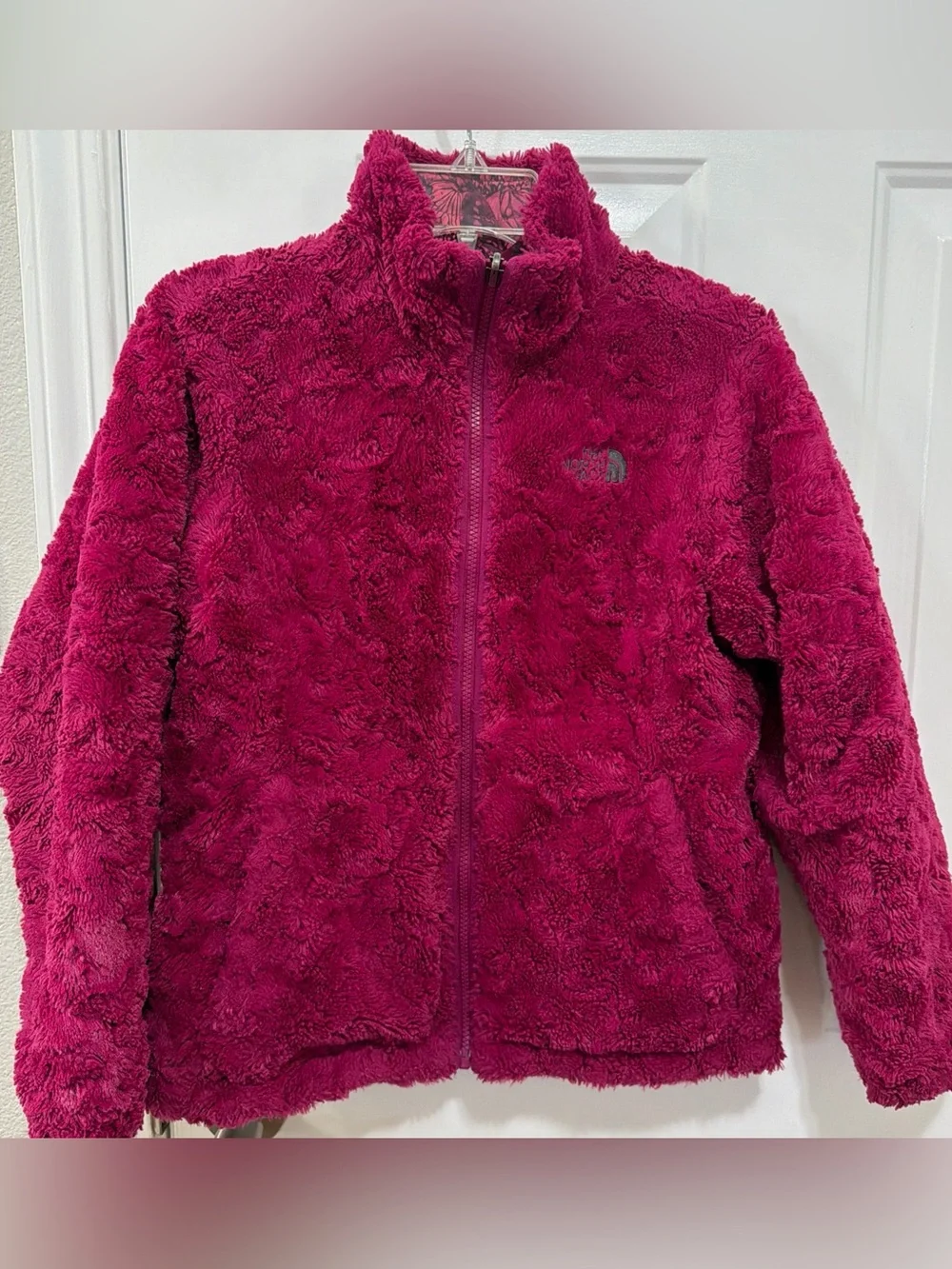 The North Face Reversible Mossbud Jacket Girls L 14 Pink Butterfly Full Zip